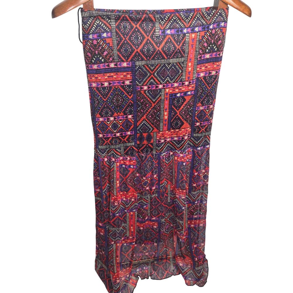 Boho Geometric Tribal Print Convertible High-Low Dress Skirt Fuchsia Purple